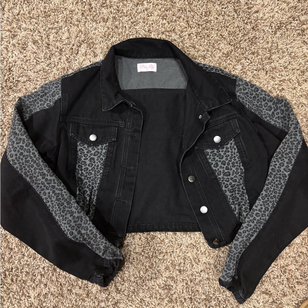 Pink Lily Black and Gray Leopard Jean Jacket